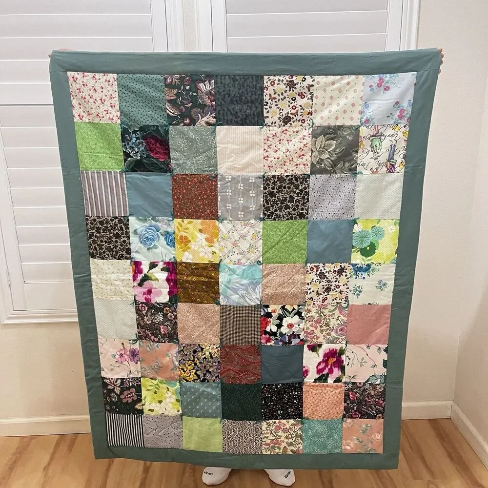 Handmade Patchwork Quilt Throw Lap Blanket Floral Teal Green